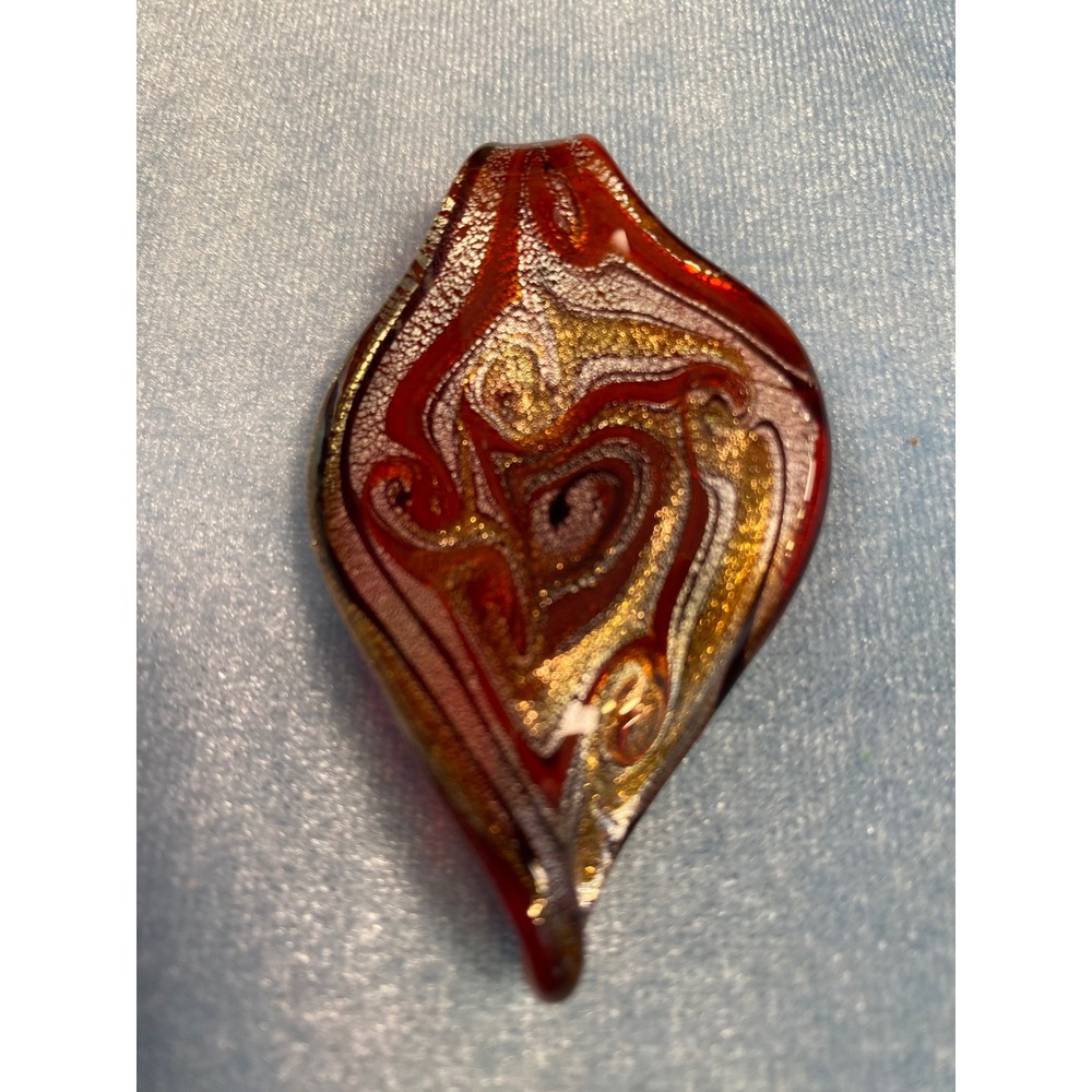 Art Glass Pendant Red Gold Silver Aventurine Swirl Leaf Boho Statement Jewelry